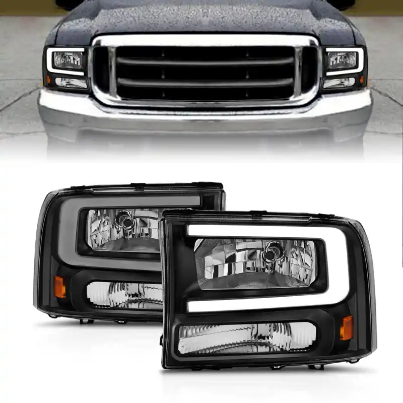 ANZO 99-04 Ford F250/F350/F450/Excursion (excl. 99) Crystal Headlights - w/ Light Bar Black Housing Express Delivery