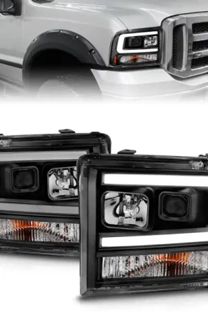 ANZO 99-04 Ford F250/F350/F450/Excursion (excl 99) Projector Headlights - w/ Light Bar Black Housing Latest