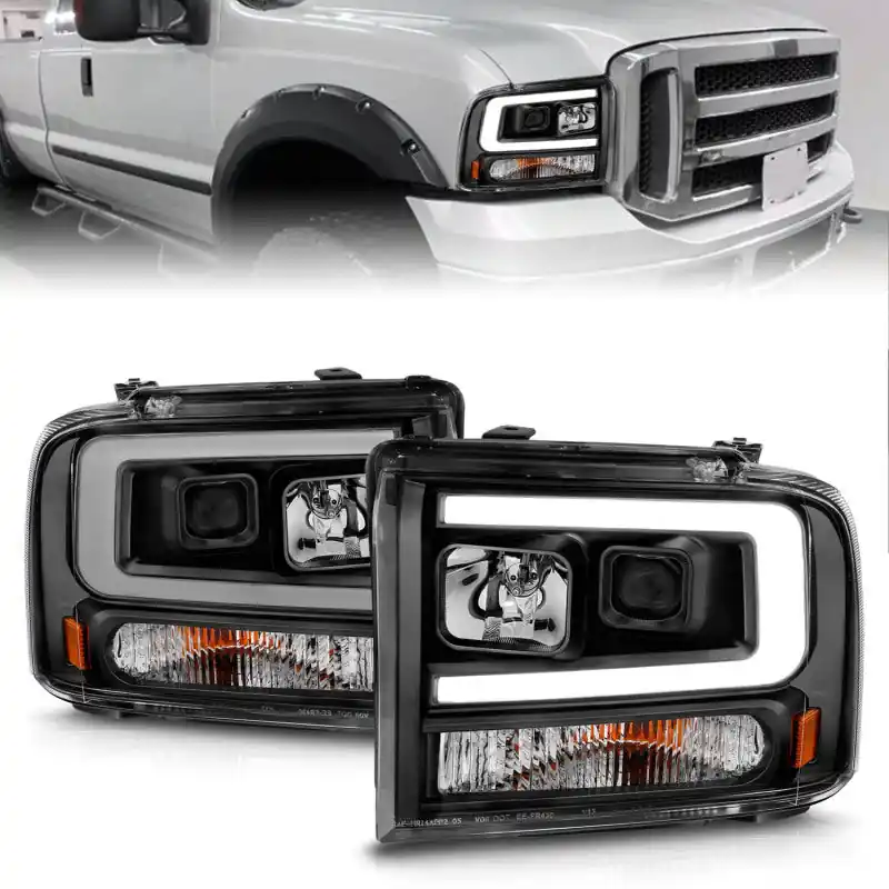 ANZO 99-04 Ford F250/F350/F450/Excursion (excl 99) Projector Headlights - w/ Light Bar Black Housing Latest