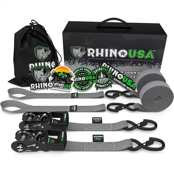 Rhino USA HDKIT-2PK-GRY 1.6" X 8' Rhino USA Heavy Duty Ratchet Tie-Downs 2-Pack (Gray) Last Chance