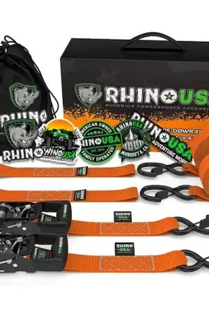Hot Picks Rhino USA HDKIT-2PK-ORG 1.6" X 8' Rhino USA Heavy Duty Ratchet Tie-Downs 2-Pack (Orange)