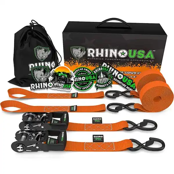 Hot Picks Rhino USA HDKIT-2PK-ORG 1.6" X 8' Rhino USA Heavy Duty Ratchet Tie-Downs 2-Pack (Orange)