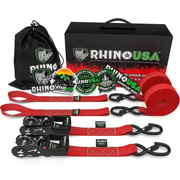 Direct From Factory Rhino USA HDKIT-2PK-RED 1.6" X 8' Rhino USA Heavy Duty Ratchet Tie-Downs 2-Pack (Red)