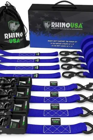 Don’t Miss Out Rhino USA HDKIT-4PK-BLU 1.6" X 8' Rhino USA Heavy Duty Ratchet Tie-Down 4-Pack (Blue)