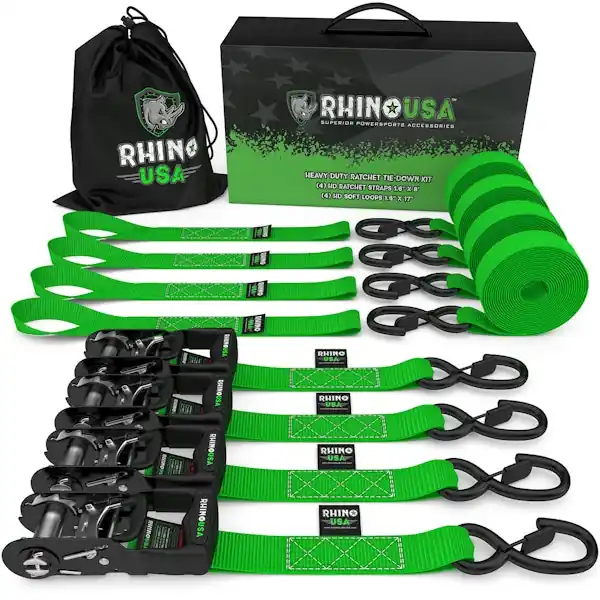 Low Price Rhino USA HDKIT-4PK-GRN 1.6" X 8' Rhino USA Heavy Duty Ratchet Tie-Down 4-Pack (Green)