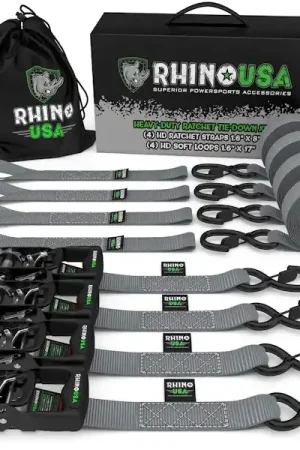 Premium Rhino USA HDKIT-4PK-GRY 1.6" X 8' Rhino USA Heavy Duty Ratchet Tie-Down 4-Pack (Gray)