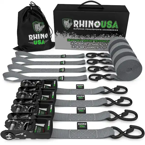Premium Rhino USA HDKIT-4PK-GRY 1.6" X 8' Rhino USA Heavy Duty Ratchet Tie-Down 4-Pack (Gray)