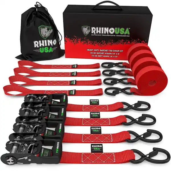 Rhino USA HDKIT-4PK-RED 1.6" X 8' Rhino USA Heavy Duty Ratchet Tie-Down 4-Pack (Red) Limited Time