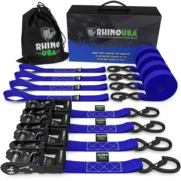 Rhino USA TD-GC1.6X15-BLU 1.6" X 15' Rhino USA Heavy Duty Ratchet Tie-Down 4-Pack Blue Fresh Stock