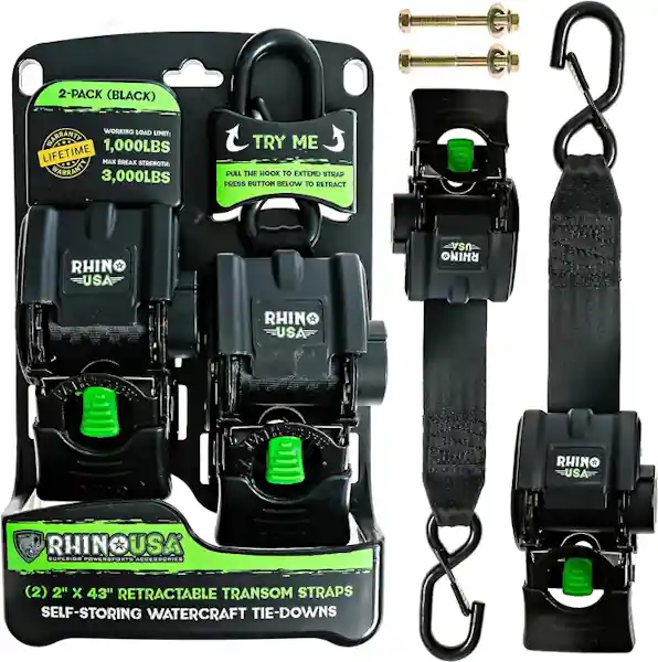 Rhino USA TD-MSTR2X43-BLK Rhino USA Retractable Transom Straps (2 Pack-Black) Special Discount
