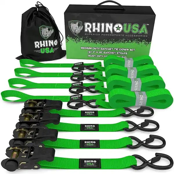 Rhino USA RCHT-4PACK-GRN Rhino USA Medium Duty Ratchet Strap Tie-Down 4-Pack (Green) Wholesale