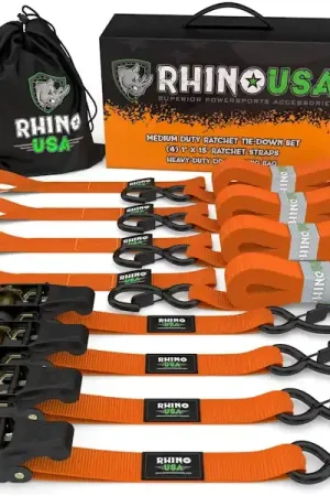 Big Sale Rhino USA RCHT-4PACK-ORG Rhino USA Medium Duty Ratchet Strap Tie-Down 4-Pack (Orange)