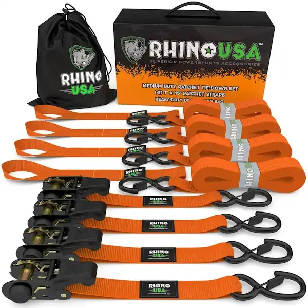 Big Sale Rhino USA RCHT-4PACK-ORG Rhino USA Medium Duty Ratchet Strap Tie-Down 4-Pack (Orange)