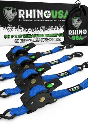 Place Order Rhino USA TD-RSRE1X10-BLU Rhino USA Retractable Ratchet Straps (4Pk 1Inx10ft) (Blue)