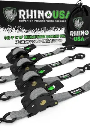 Best Choice Rhino USA TD-RSRE1X10-GRY Rhino USA Retractable Ratchet Straps (4Pk 1Inx10ft) (Gray)