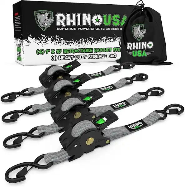 Best Choice Rhino USA TD-RSRE1X10-GRY Rhino USA Retractable Ratchet Straps (4Pk 1Inx10ft) (Gray)