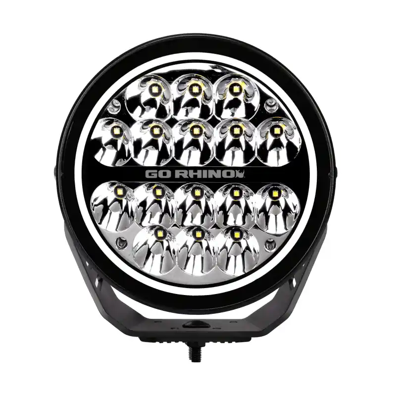 Editor’s Pick Go Rhino Xplor Blackout Series Round LED Spot Light Beam w/DRL (Surface/Thread Stud Mnt) 7in. - Blk